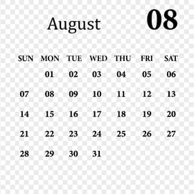 PNG August 2022 Black Calendar