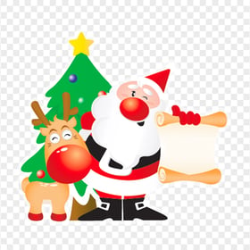 Cartoon Santa Claus Holding A List With Reindeer PNG