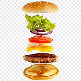 Floating Open Cheeseburger Flying Ingredients Photography PNG Image