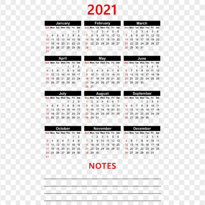 HD 2021 Calendar With Notes Black & Red Text Clipart PNG