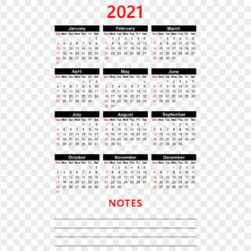 HD 2021 Calendar With Notes Black & Red Text Clipart PNG