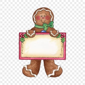 Watercolor Cartoon Gingerbread Man Holding Banner PNG