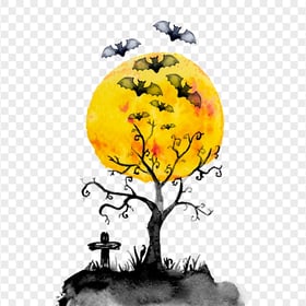 Watercolor Halloween Cemetery, Moon, Bats & Tree PNG
