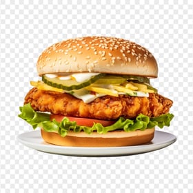 HD Crispy Chicken Burger with Lettuce on a Ceramic Plate PNG
