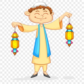 Happy Muslim Boy Hold Two Lanterns Cartoon