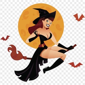 HD Witch Flying On A Broom Full Moon Behind With Bats Clipart PNG