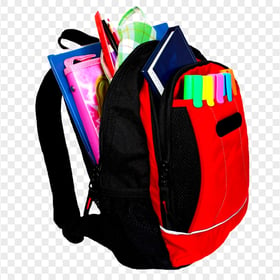 Red School Backpack With Supplies Image PNG
