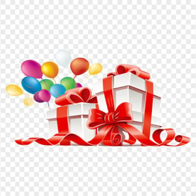 Red & White Gifts Boxes With Flying Balloons FREE PNG