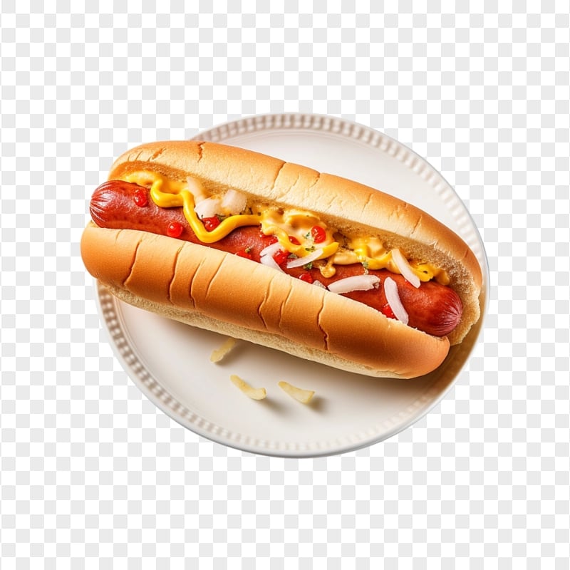 Tasty Hotdog with Mustard and Cheese on Plate HD PNG