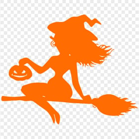 HD Beautiful Halloween Witch Flying On A Broom Orange Silhouette PNG