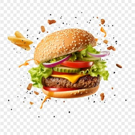 HD Realistic Burger Flying Ingredients PNG