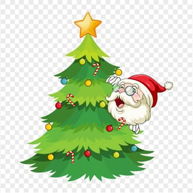 Cartoon Santa Behind Decorated Christmas Tree PNG