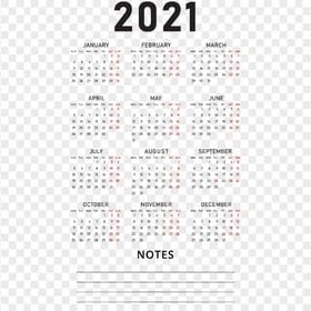 HD 2021 Calendar With Notes Black Text Clipart PNG