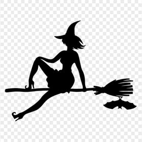 HD Halloween Witch Sitting On A Broom Black With Bat Silhouette PNG