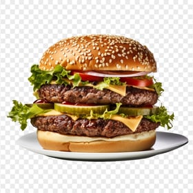 Double Cheeseburger Tomato and Lettuce on a Dish PNG HD