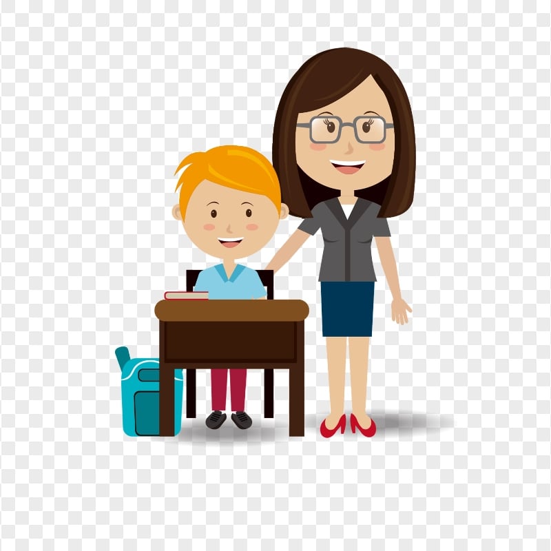 Cartoon Female Teacher With Boy Student PNG