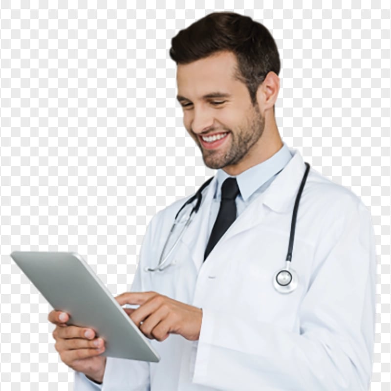 Young Happy Doctor Male Stethoscope Tablet