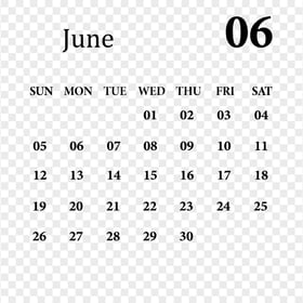 June 2022 Black Calendar Transparent Background