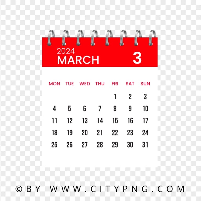 March 2024 Vector Calendar Page HD Transparent Background