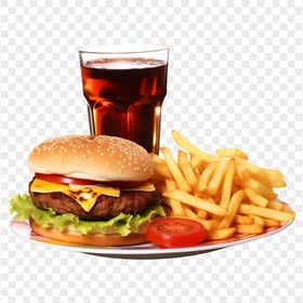 HD Tasty Burger Meal with Potato Fries and Coke PNG