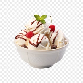 Bowl of Vanilla Scoops Ice Cream and Cherry Chocolate HD PNG