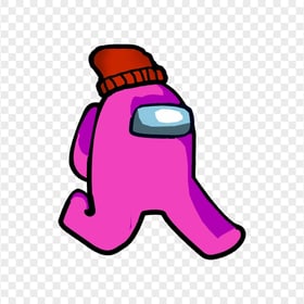 HD Pink Among Us Character Walking With Red Beanie Hat PNG