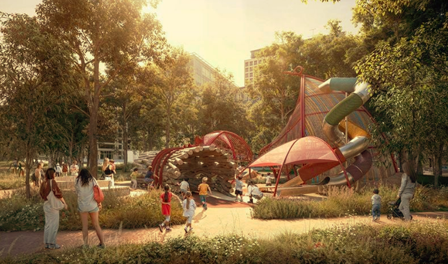 The play spaces will offer a variety of equipment and structures