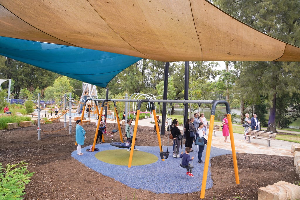 The play equipment includes swings, slides, climbing ropes, boulders and more! 