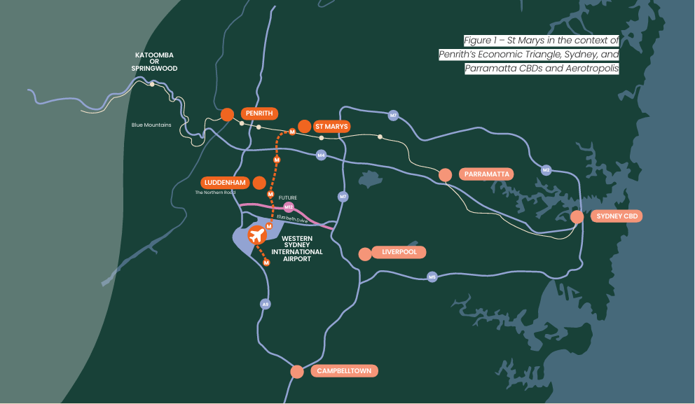 St Marys in the context of Penrith's Economic Triangle, Sydney, Parramatta CBDs and Aerotropolis.