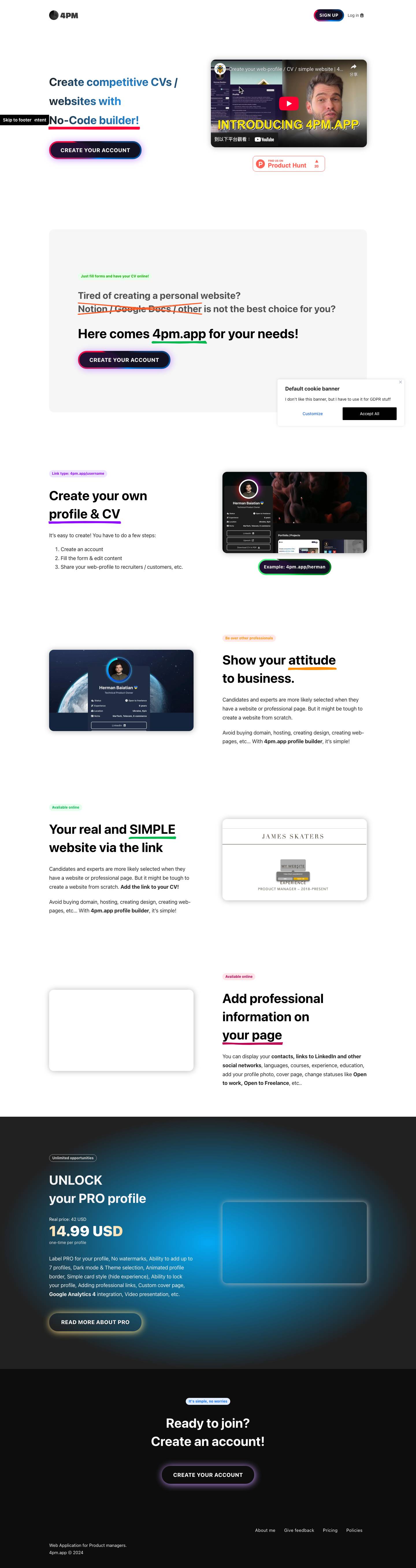 Create web-profile & CV online | 4pm.app – Web-application for managers where you can find jobs for management and create your personal web-site / profile.Prevent Auto Zoom - Full Screenshot