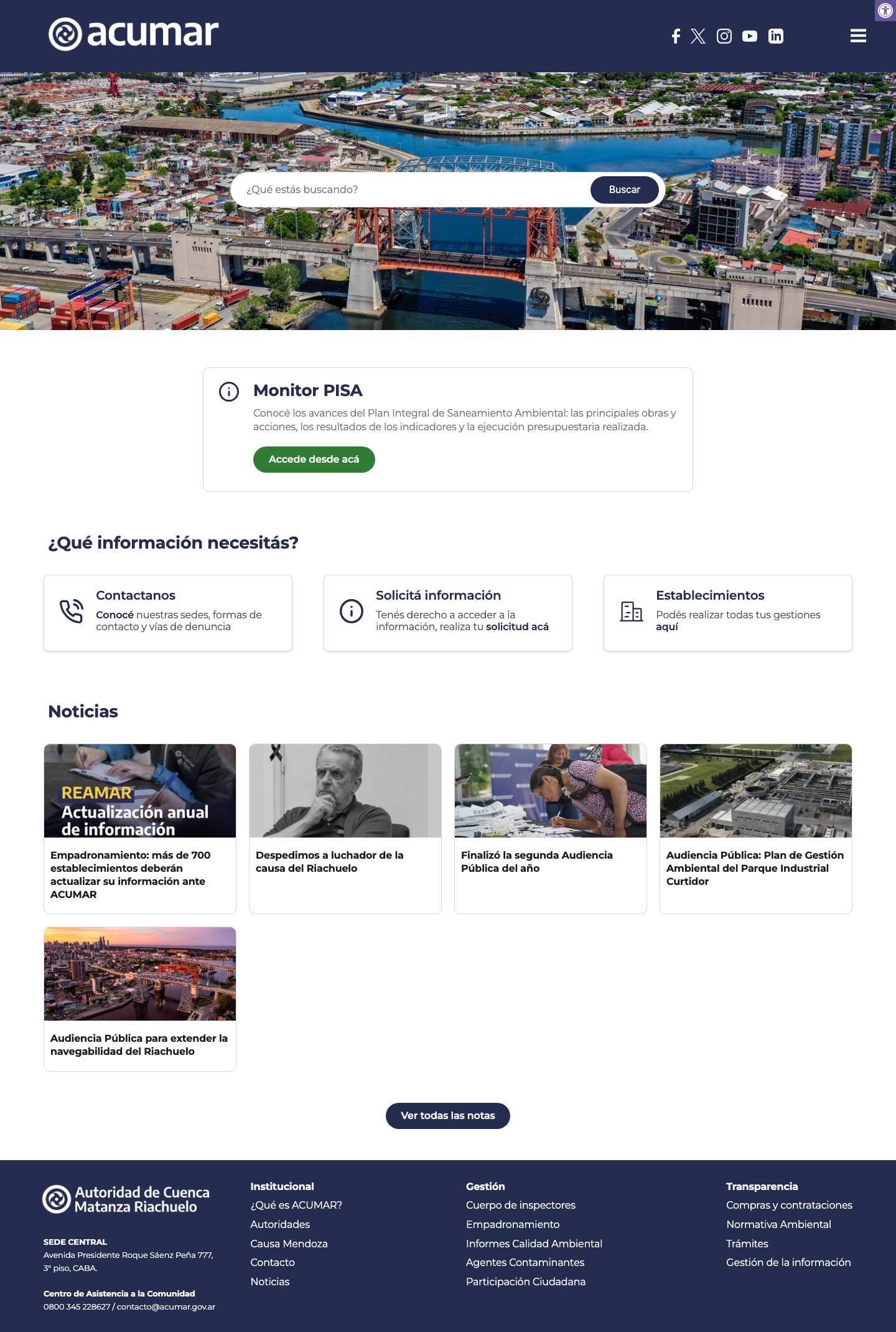 ACUMAR – Autoridad de Cuenca Matanza RiachueloAgrandar textoAchicar textoEscala de grisesContraste negativoLinks subrayadosFuente legibleReset - Full Screenshot