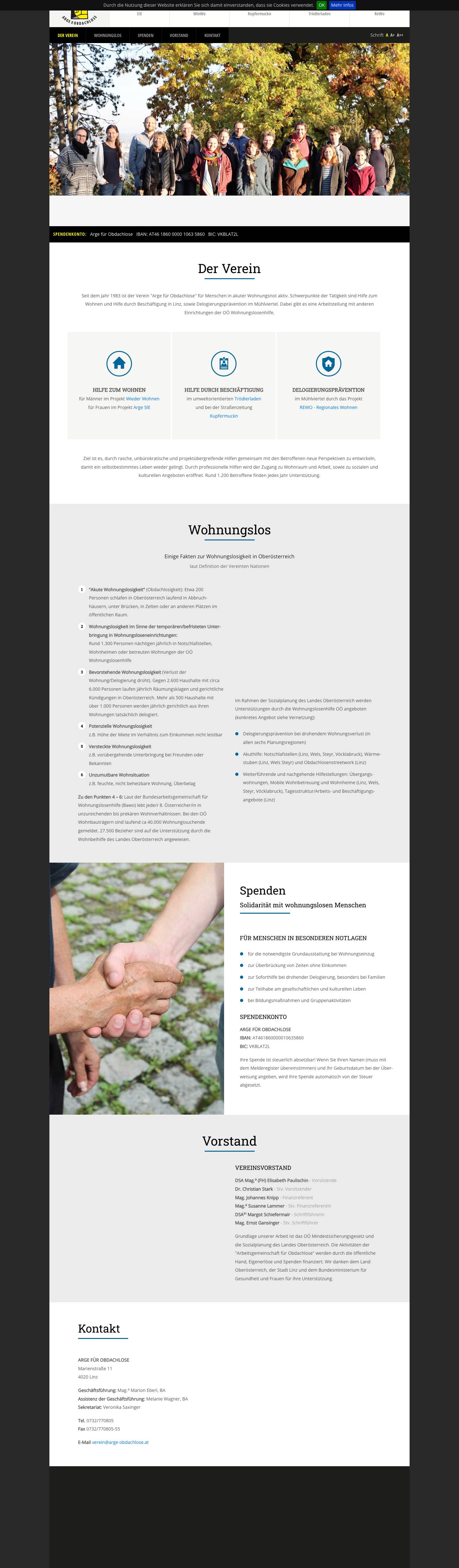 Arge für Obdachlose - VereinArge für Obdachlose – Der Verein "Arge für Obdachlose" ist für Menschen in akuter Wohnungsnot aktiv. Schwerpunkte der Tätigkeit sind Hilfe zum Wohnen und Hilfe durch Beschäftigung in Linz, sowie Delogierungsprävention im Mühlviertel. - Full Screenshot
