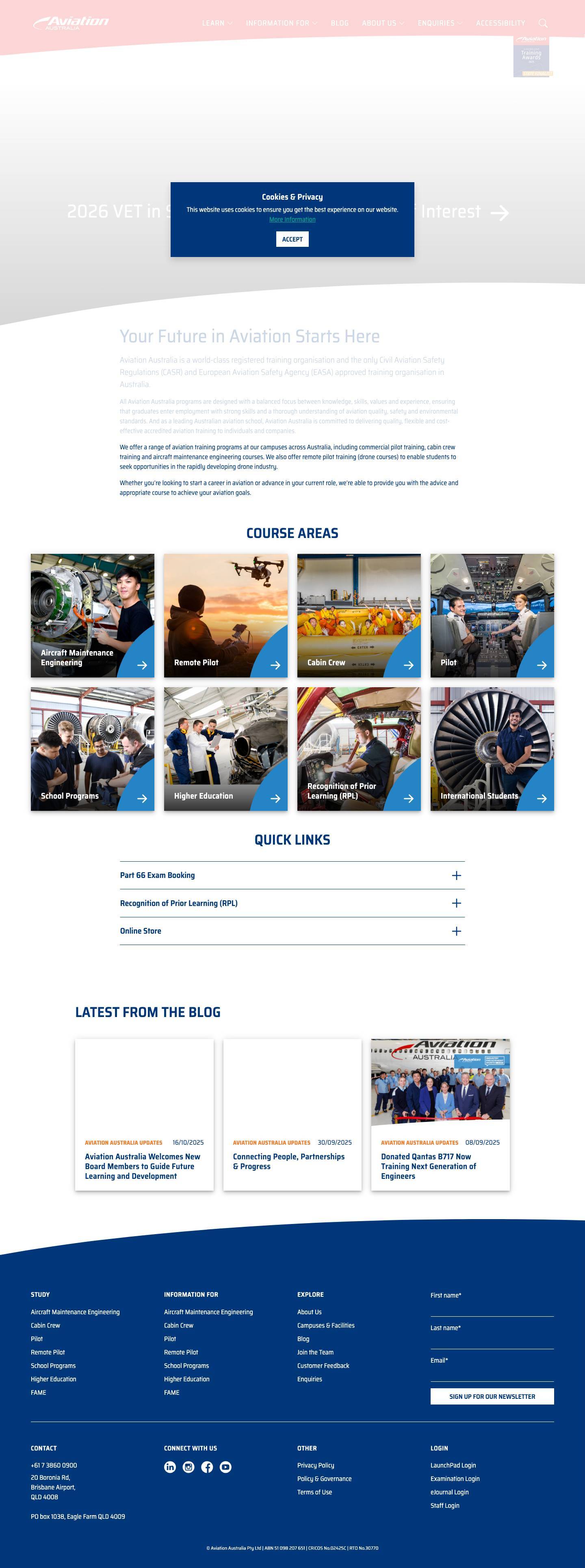 Aircraft Engineering, Cabin Crew & Pilot Training | Aviation Australia - Full Screenshot