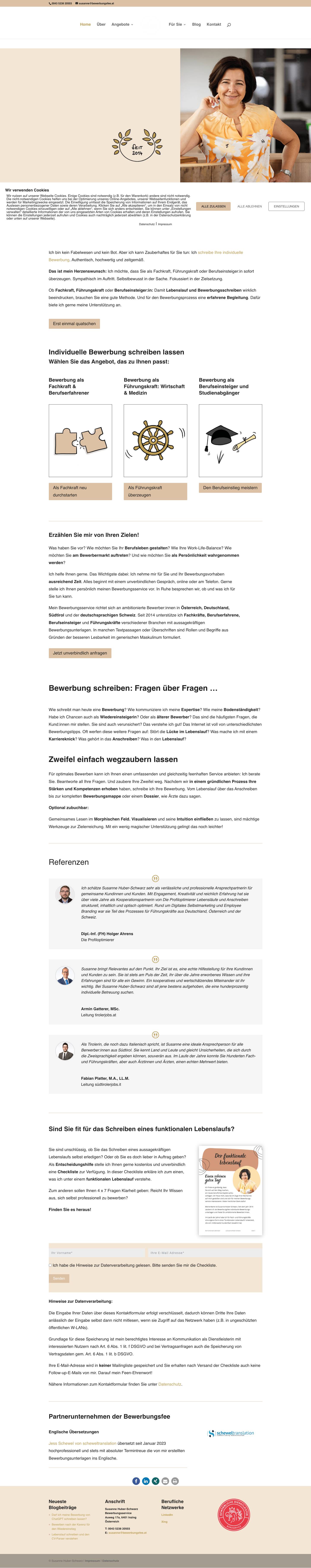 Bewerbung schreiben lassen I Susanne Huber-Schwarz - Full Screenshot