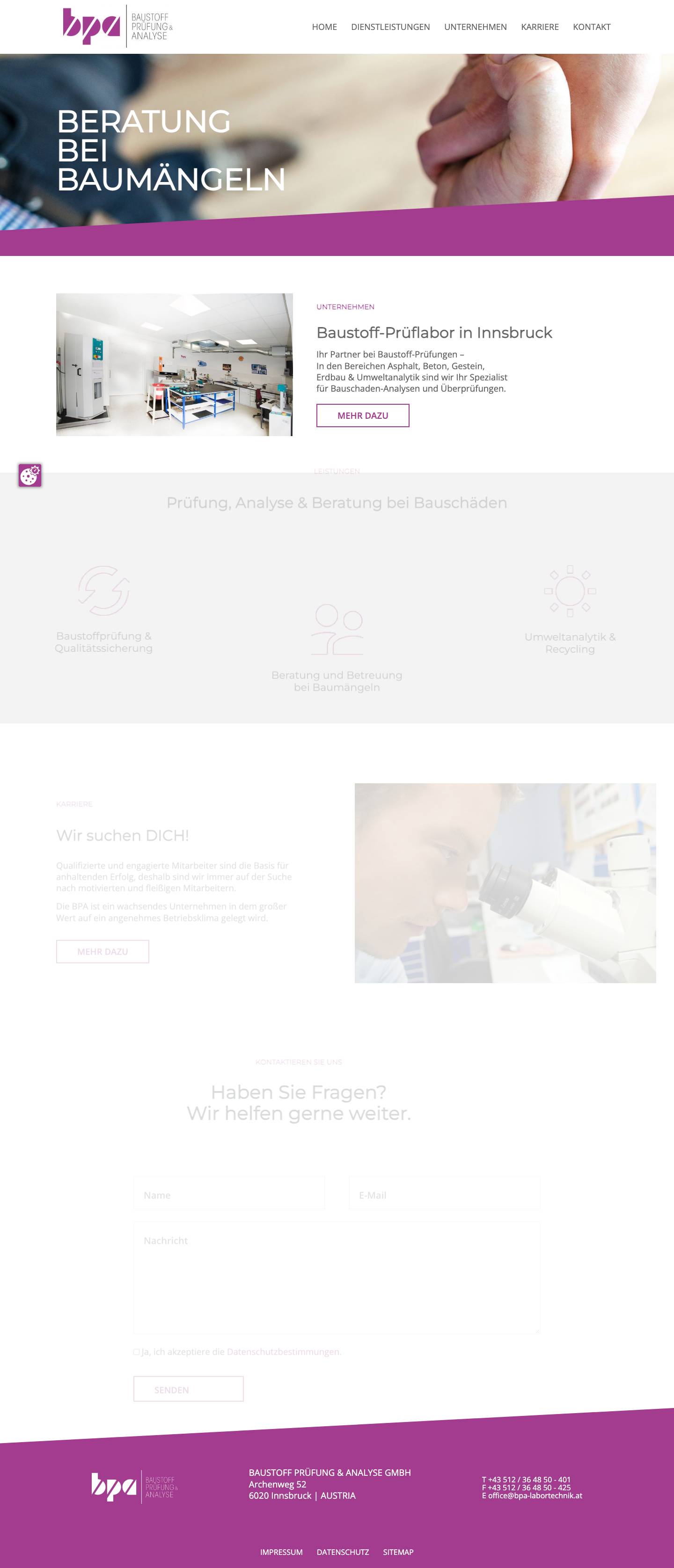 Bauschadenanalyse im Baustoff-Prüflabor Innsbruck - BPA Labortechnik - Full Screenshot