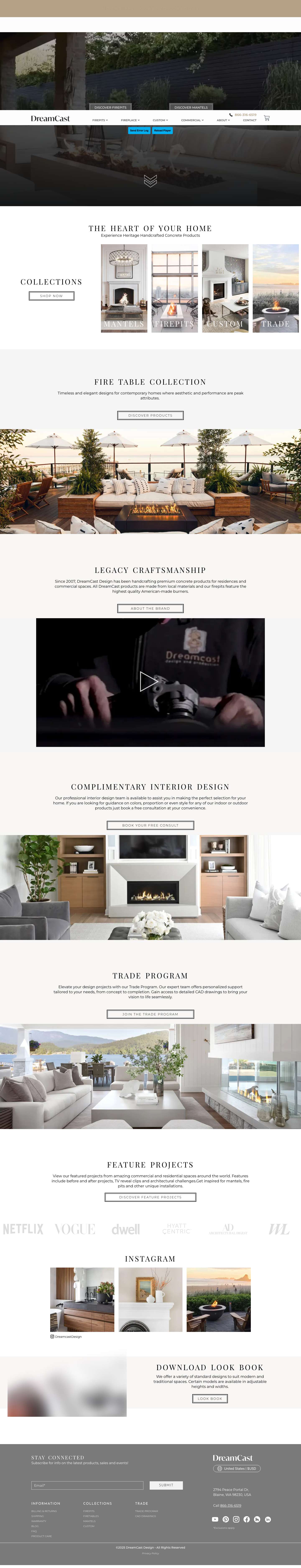 Concrete Fire Pit and Fireplace Mantel Manufacturer | DreamCast Design and Production Canada - Full Screenshot