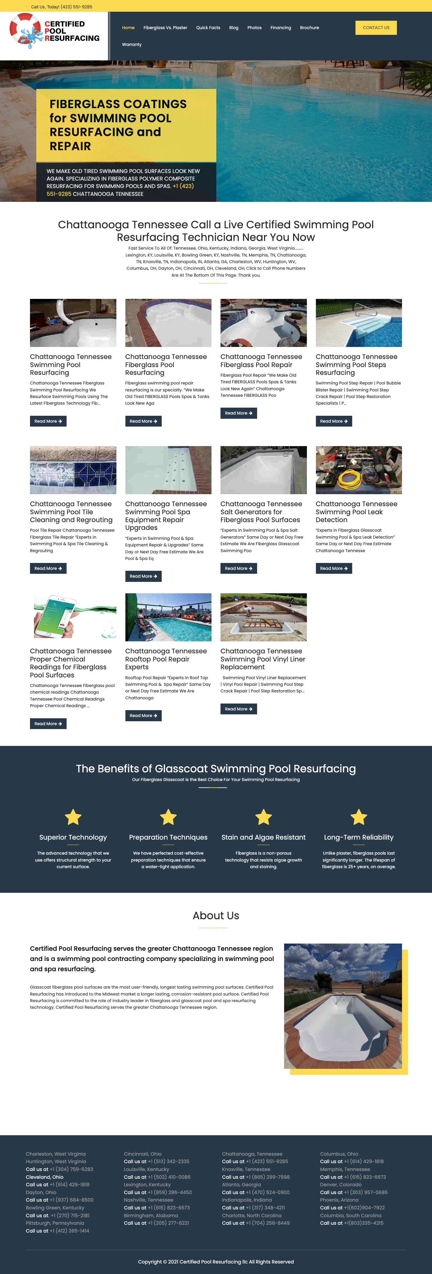 Home - Chattanooga Tennessee Fiberglass Pool and Spa Resurfacing and Repair - Full Screenshot