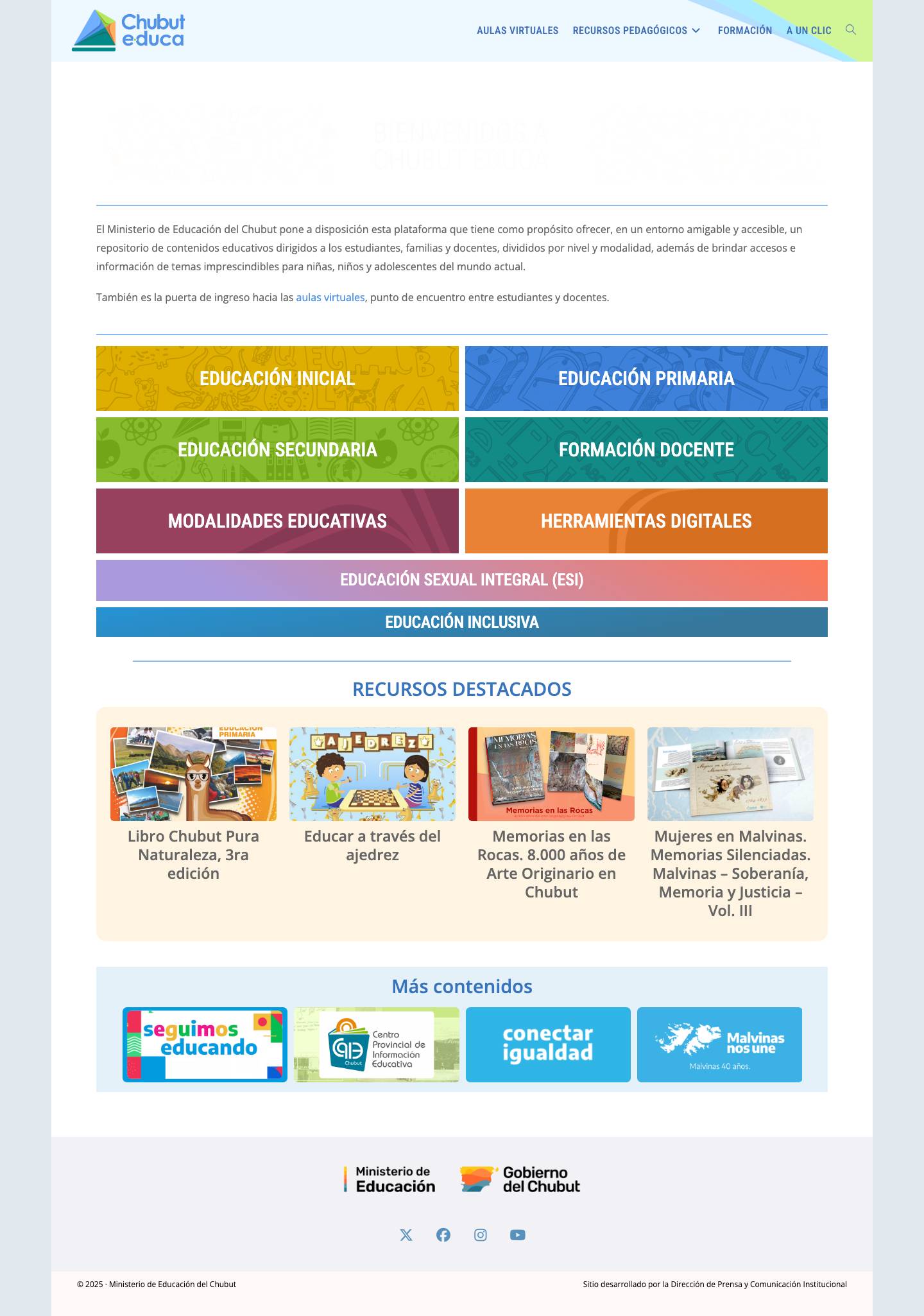 Chubut educa · Portal de contenidos educativos – Plataforma que ofrece, en un entorno amigable y accesible, un repositorio de contenidos educativos dirigidos a los estudiantes, familias y docentes, divididos por nivel y modalidad, además de brindar accesos e información de temas imprescindibles para niñas, niños y adolescentes del mundo actual.. - Full Screenshot