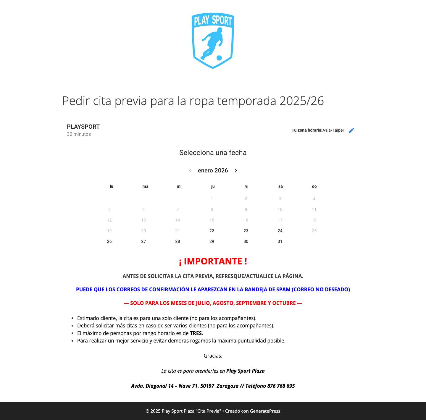 Play Sport Plaza "Cita Previa" – Avenida Diagonal, 14 – Nave 71. 50197 Zaragoza. Teléfono 876 768 695 - Full Screenshot