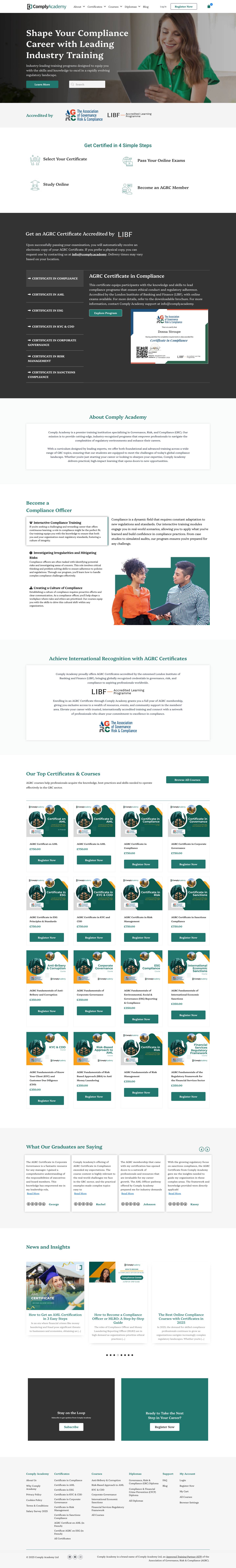 Home - Comply Academy - Certificates and Courses in Compliance, AML, ESG, Governance, Risk Management, KYC and CDD - Full Screenshot