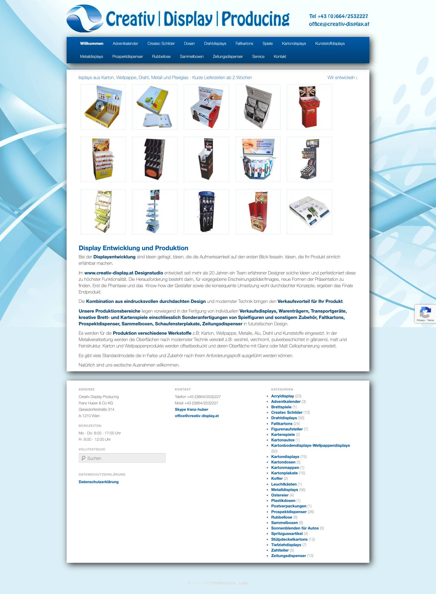 - Creativ Display Producing - Franz Huber & Co KG - WienCreativ Display Producing – Franz Huber & Co KG – Wien | Wir entwickeln und fertigen Verkaufsdisplays aus Karton, Wellpappe, Draht, Metall und Plexiglas – Grösster Drahtdisplay-Erzeuger Europas - Full Screenshot