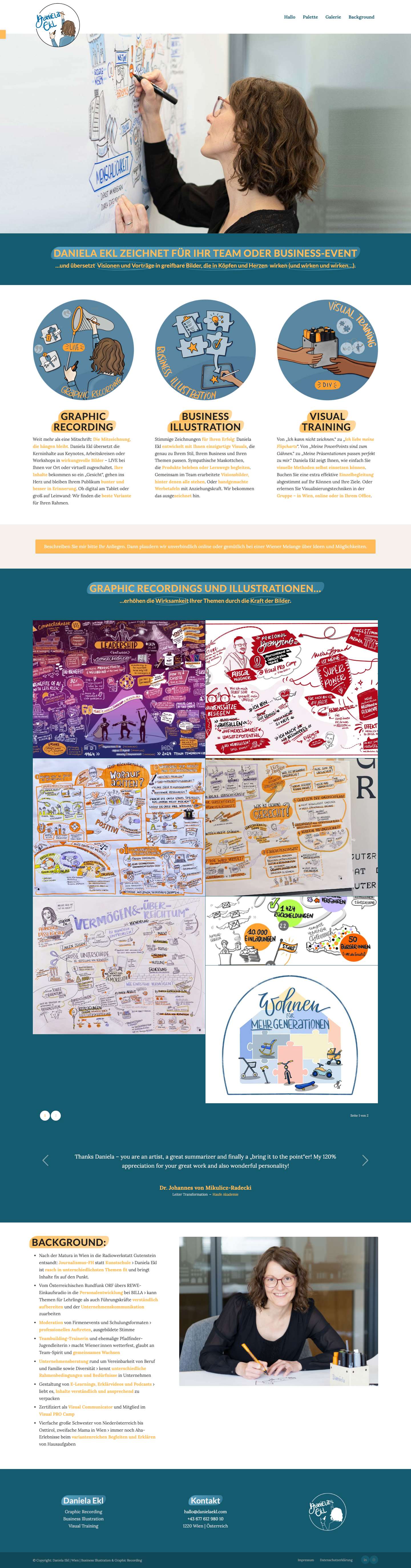 Hallo | Daniela Ekl | Wien | Business Illustration & Graphic RecordingAccessibility ToolsText vergrößernText verkleinernGraustufenhoher Kontrastnegativer Kontrastheller HintergrundLinks unterstreichen... - Full Screenshot