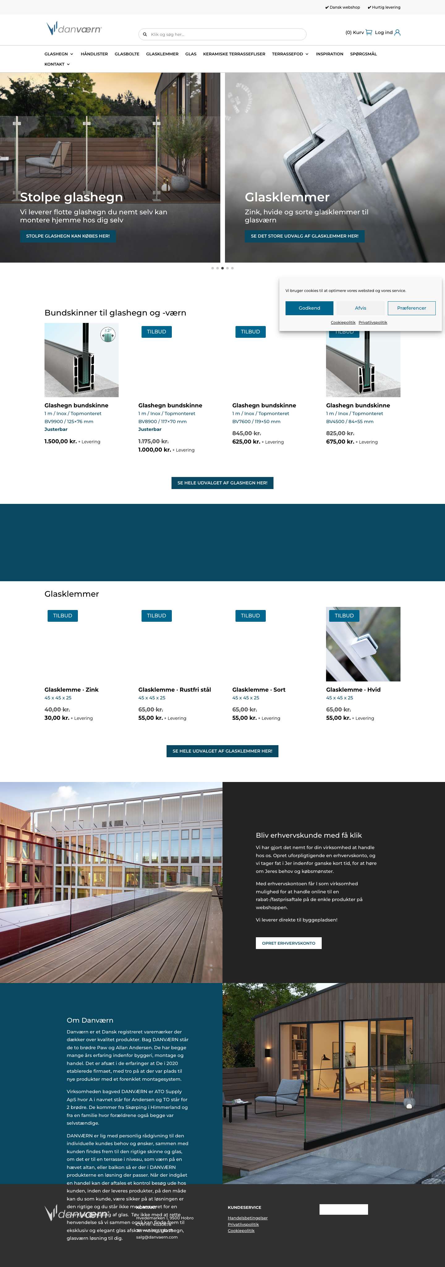 Danværn · Salg af glashegn, bundskinner, glasbolte, glasklemmer - Full Screenshot