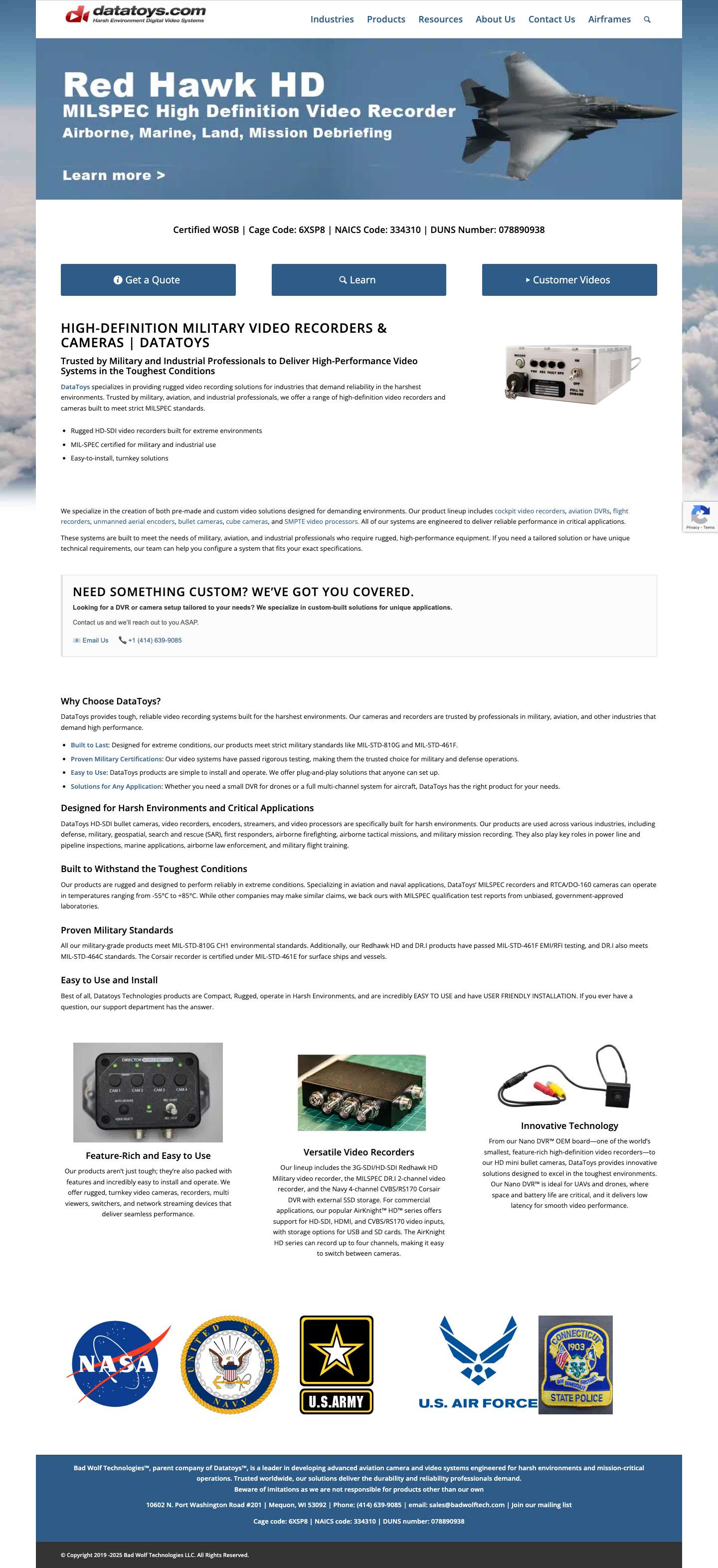 High-Definition Military Video Recorders & Cameras | DataToys - Full Screenshot