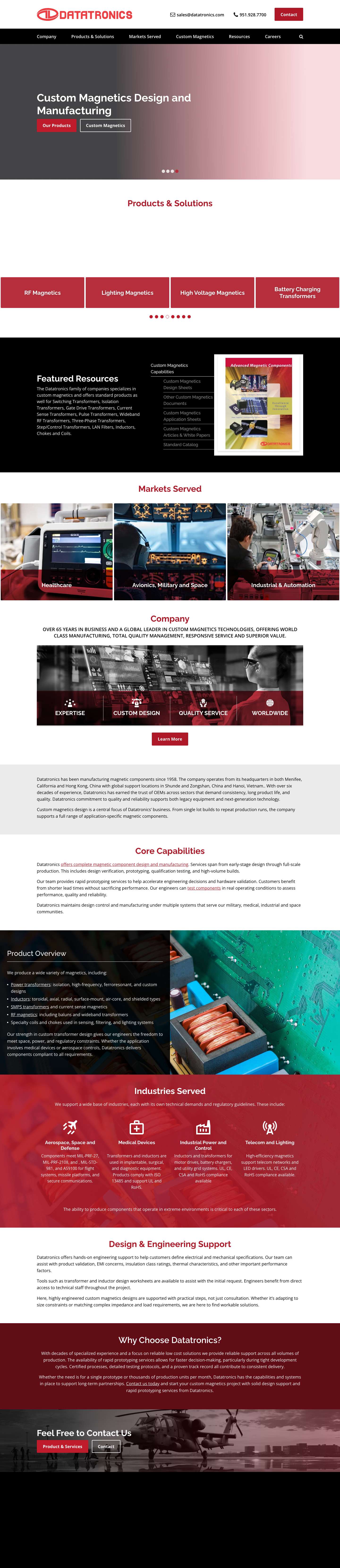 Custom Magnetics Design Manufacturers | Datatronics - Full Screenshot