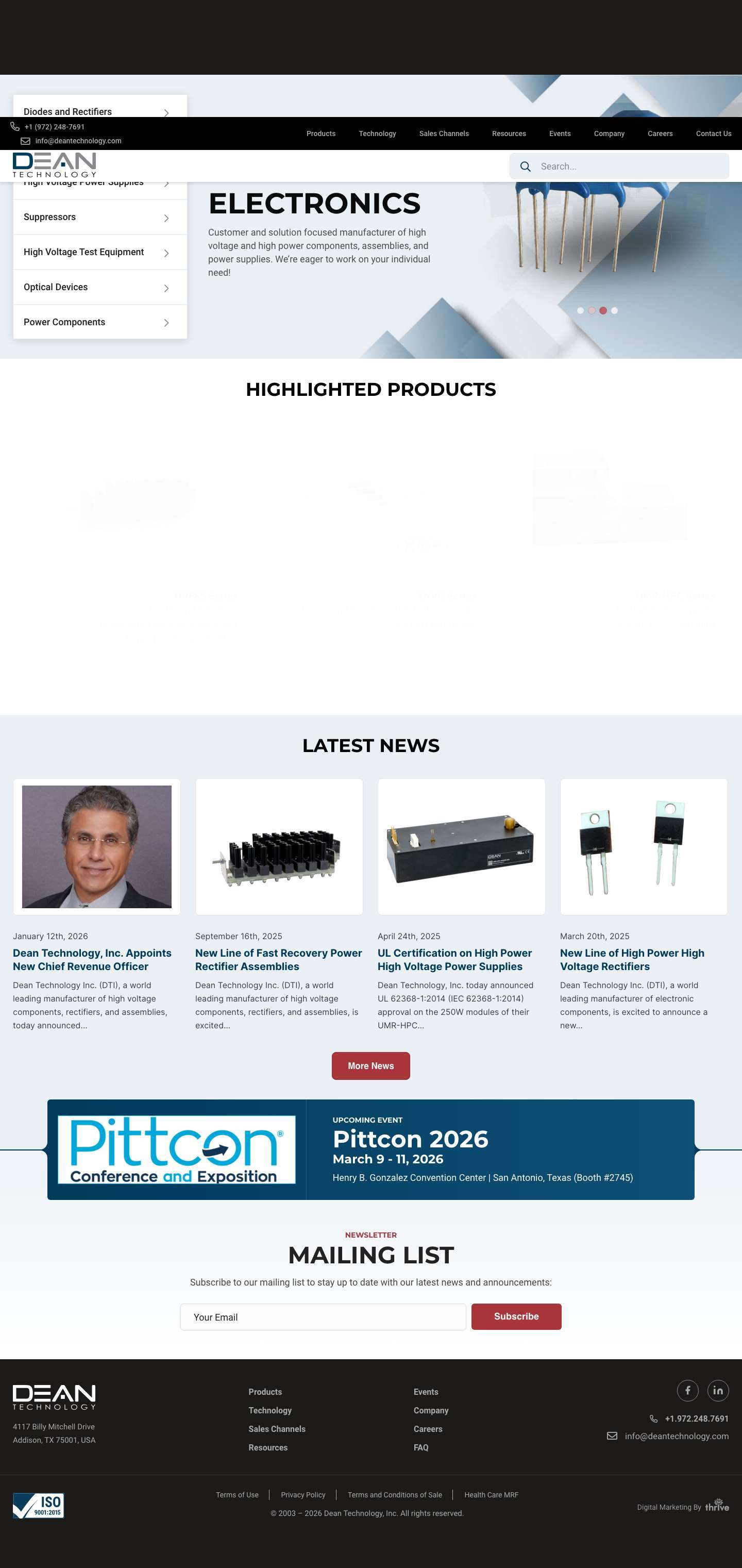 Manufacturer of High Voltage Components | Dean Technology - Full Screenshot