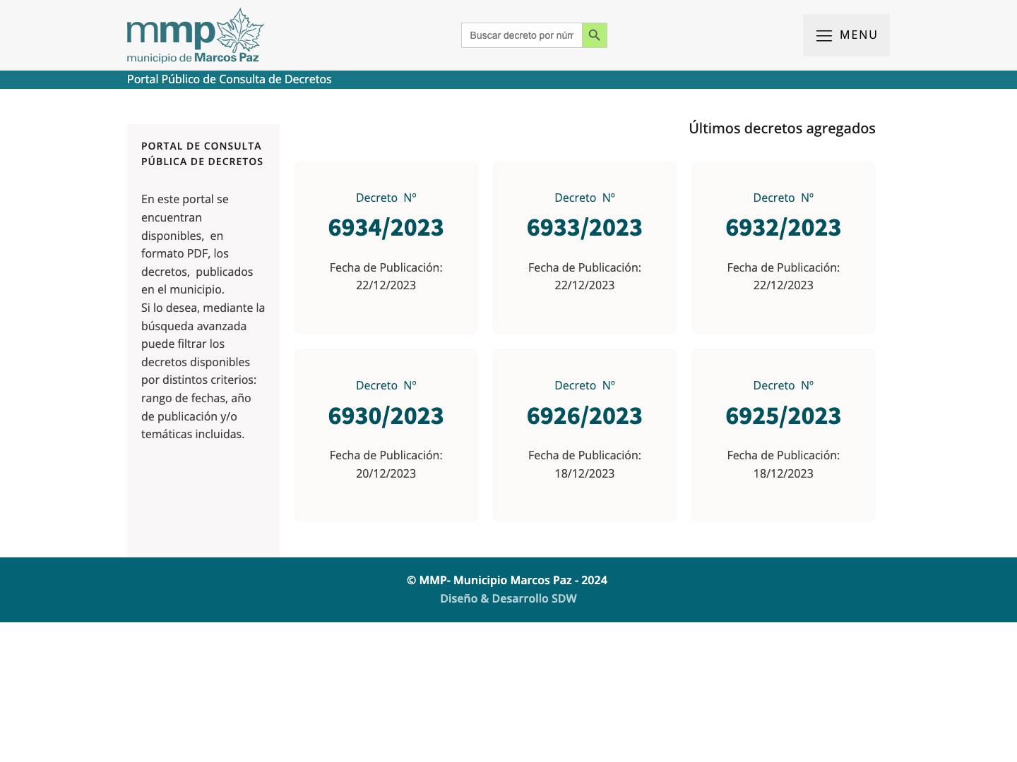 Portal de Consulta Pública de Decretos - Portal de consulta de Decretos del Municipio de Marcos Pazchevron-downcrossmenu - Full Screenshot
