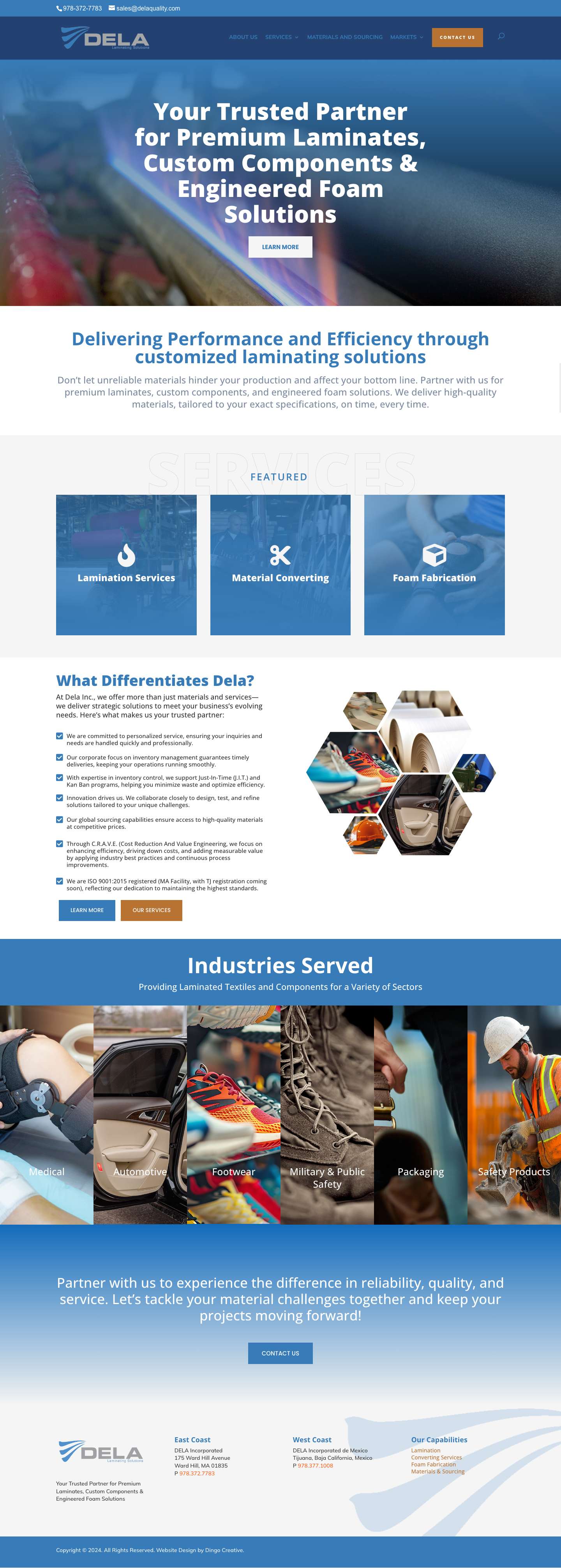 Industry-Leading Textile Lamination Services | Engineered Foam - Dela Inc., USA & Mexico - Full Screenshot