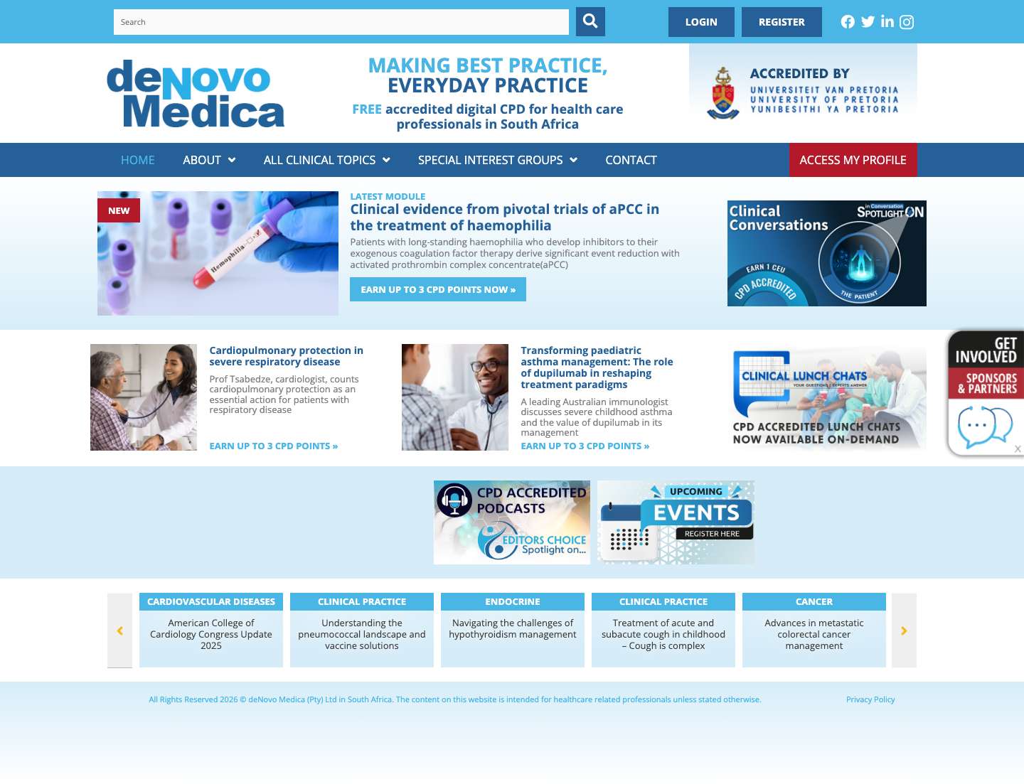 FREE accredited CPD for health care professionals in South Africa | deNovo Medica - Full Screenshot