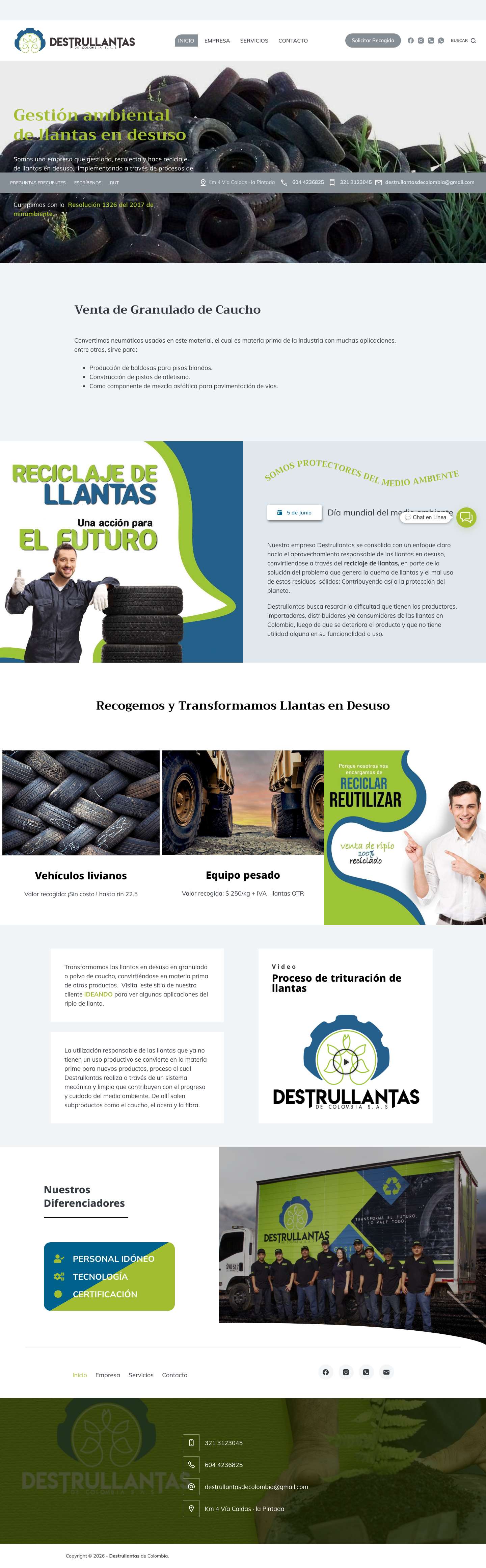 Destrullantas de Colombia – Reciclaje de llantas | Venta de ripio de caucho | Ripio de llanta - Full Screenshot